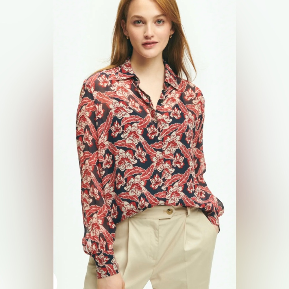 NWT Brooks Brothers Crinkle Chiffon Floral Blouse with Removable Camisole 2